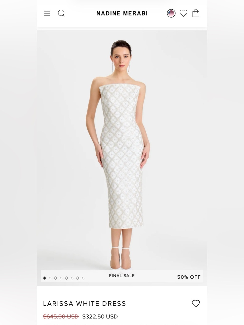 NADINE MERABI White Strapless Beaded Midi Dress